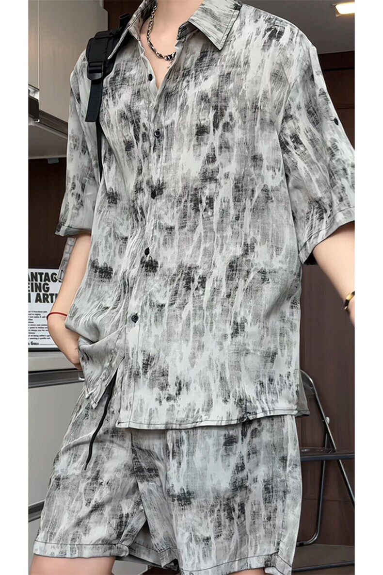 短袖衬衫男+短裤男套装男100%聚酯纤维M-5XL大码TZ78717P50控98,男装牛仔裤,星座226-1