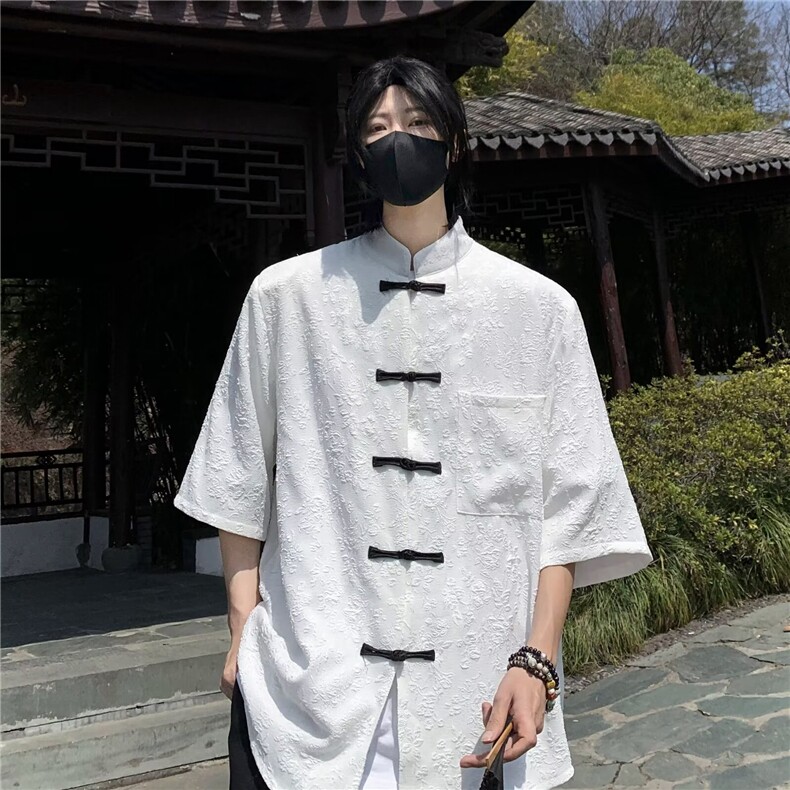 夏男短袖衬衫提花唐装盘扣七分袖短衬衣CS1279 P43图片