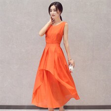 2022年夏季无袖甜美纯色圆领中腰套头连衣裙图片
