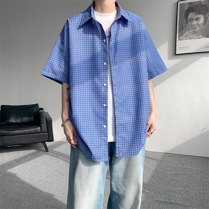8XL-M短袖衬衫男夏宽松慵懒风痞帅条纹格子衫半袖外套DC28005P40,男装衬衫,电商B312