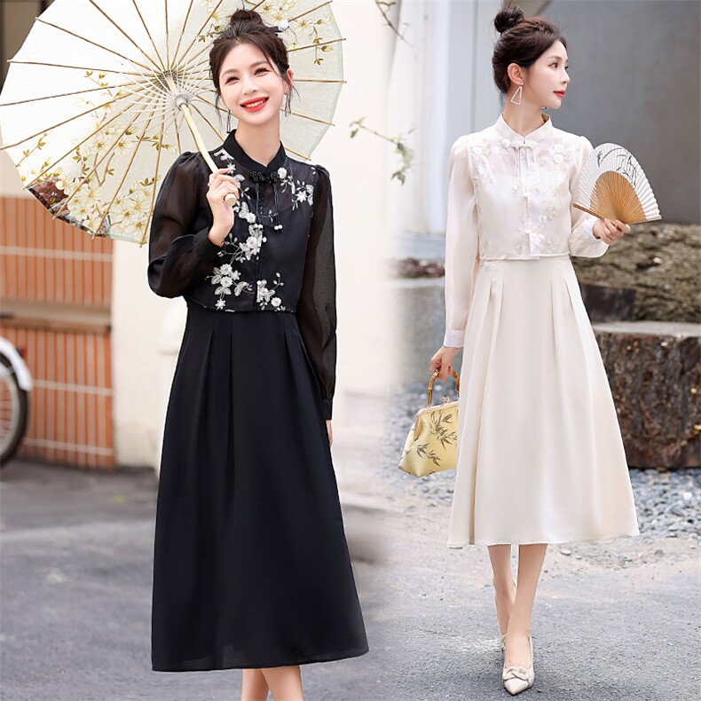 春狭秋款刺绣典雅新款中式修身时尚上衣+连衣裙气质两件套，女装套装/套裙，丽美静依