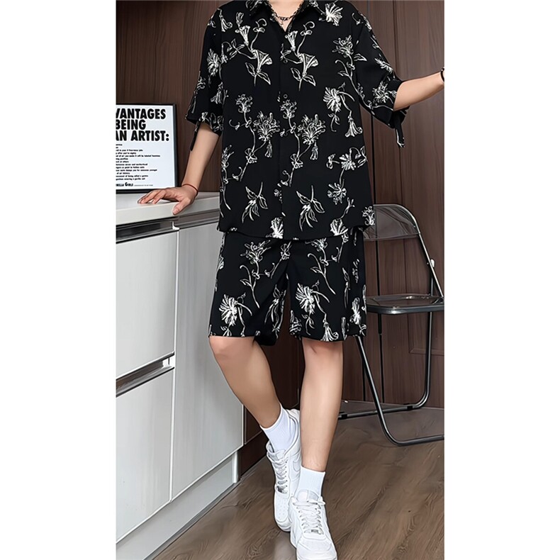 1短袖衬衫男+短裤潮流休闲套装男M-5XL大码TZ78720P50控98模特图图片