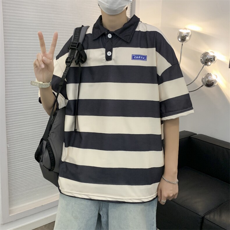 条纹短袖t恤男夏潮牌宽松polo衫ins潮流港风翻领上衣服PL106-P33图片