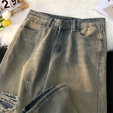 美式复古做旧黄泥染vibe破洞牛仔裤男女高街微喇叭裤子N1655-P40，男装牛仔裤，星座1008