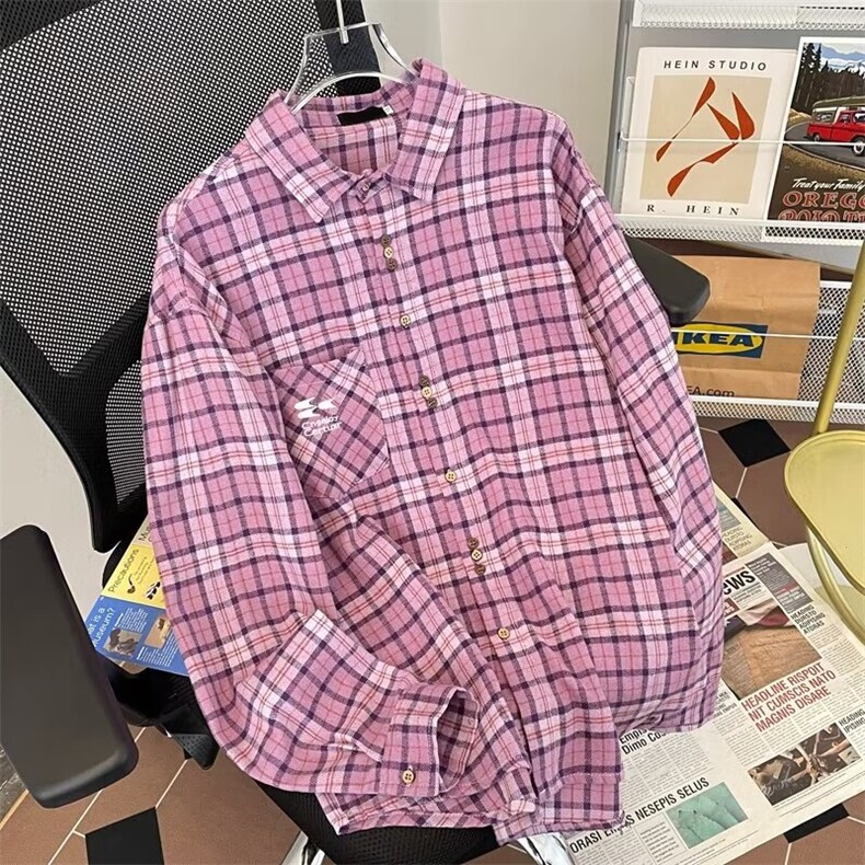 美式vintage复古格纹衬衫男女基础款长袖衬衣高级感外套6001/P48,男装衬衫,星座506