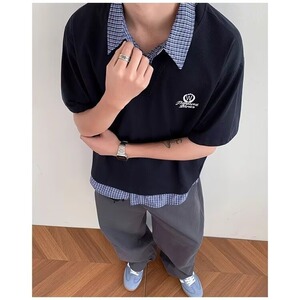 美式复古学院风假两件POLO衫男女夏季新款V领格子拼接短袖上衣图片