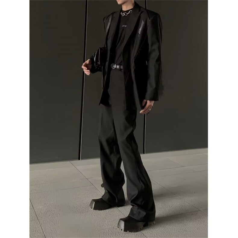 黑色微喇叭加绒西裤男款秋冬打褶提档垂感弯刀裤子显瘦休闲直筒裤，男装西裤，星座601-1