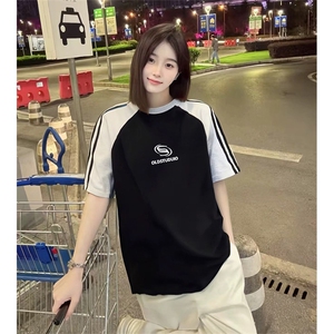 抖音得物品质二开240克宽松纯棉美式潮牌插肩三杠织带短袖T恤,男装T恤,电商A486-1