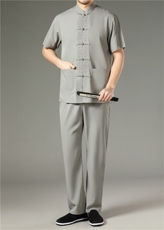 夏款男中老年高档唐装太极服中式刺绣立领短袖风时尚衬衫套装，男装中老年男装，钱塘723