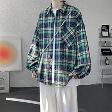 衬衫男秋季新款港风宽松大码磨毛格子扎染长袖衬衣CS507-P35，男装衬衫，星座214-3