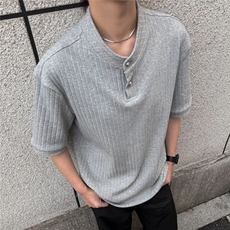 亨利领针织短袖男款夏季老钱风肌理感正肩t恤cleanfit五分袖WTX68，男装T恤，星座208-5