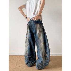 美式街头重工乱针刺绣污渍牛仔裤男女废土风阔腿弯刀裤N0696-P98图片
