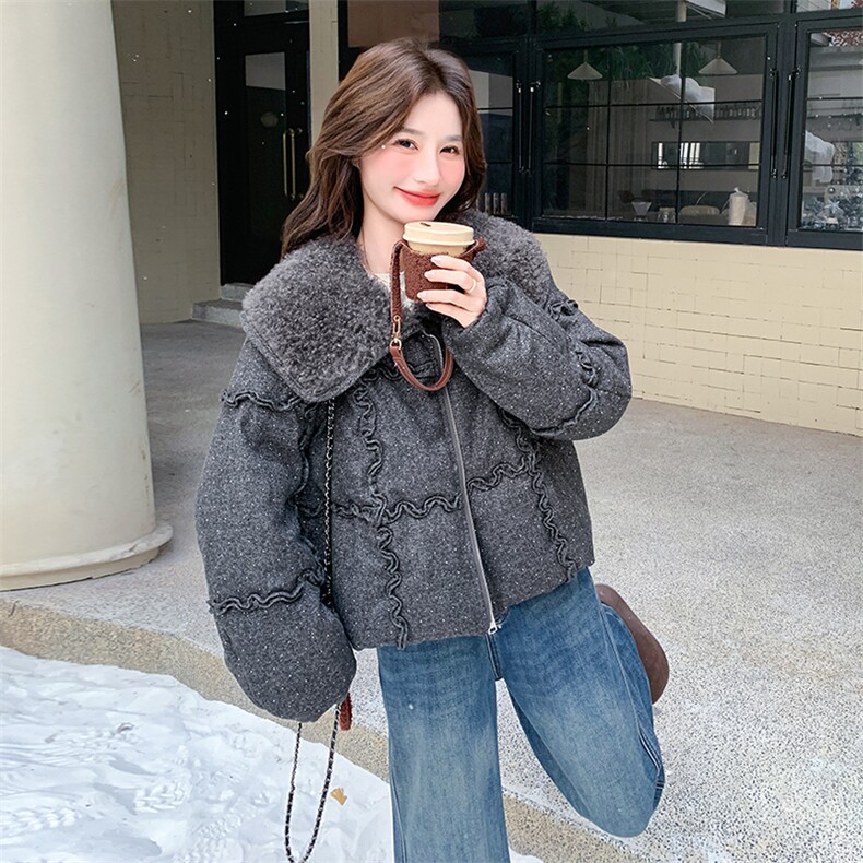 灰色羊羔毛翻领烫钻羽绒服女2025年冬季小个子加厚保暖白鸭绒外套,女装羽绒服,2C110