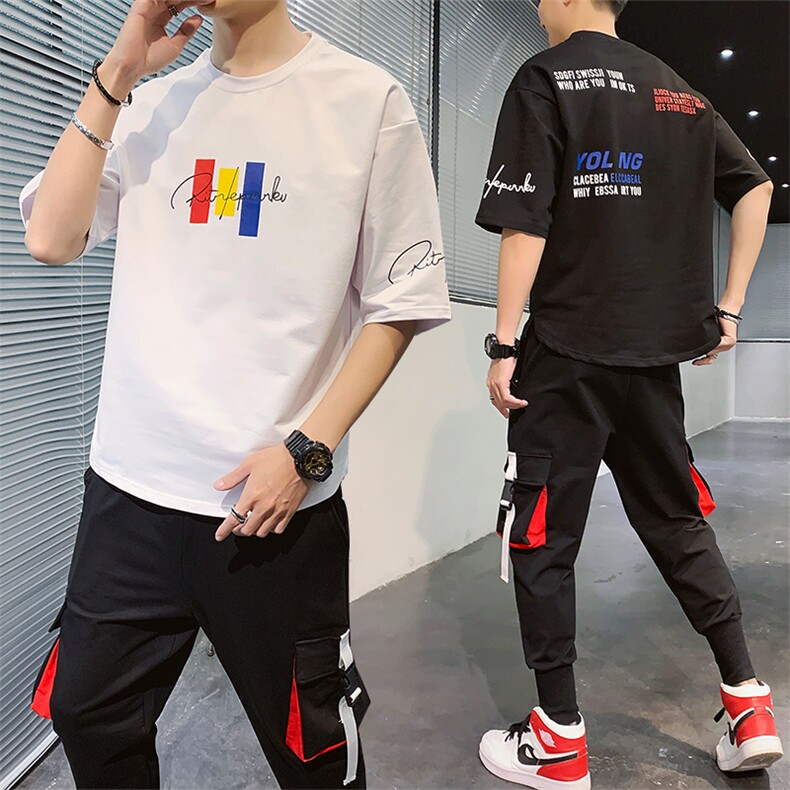 2023夏季棉质短袖t恤男潮流帅气宽松工装裤套装男上衣F17475图片