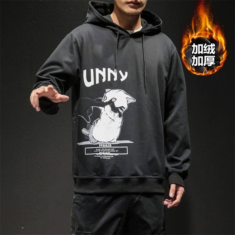 2019冬季新款黑墙日系大码男猫咪印花加绒加厚连帽卫衣W6351-P60,男装卫衣,电商A001