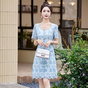 蕾丝花边连衣裙女装2025夏季新款小个子气质修身显瘦刺绣方领裙子图片