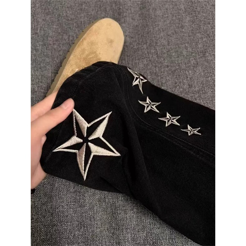 星星刺绣加绒牛仔裤男女美式高街直筒修身微喇裤SA543P44,男装牛仔裤,星座1112-1