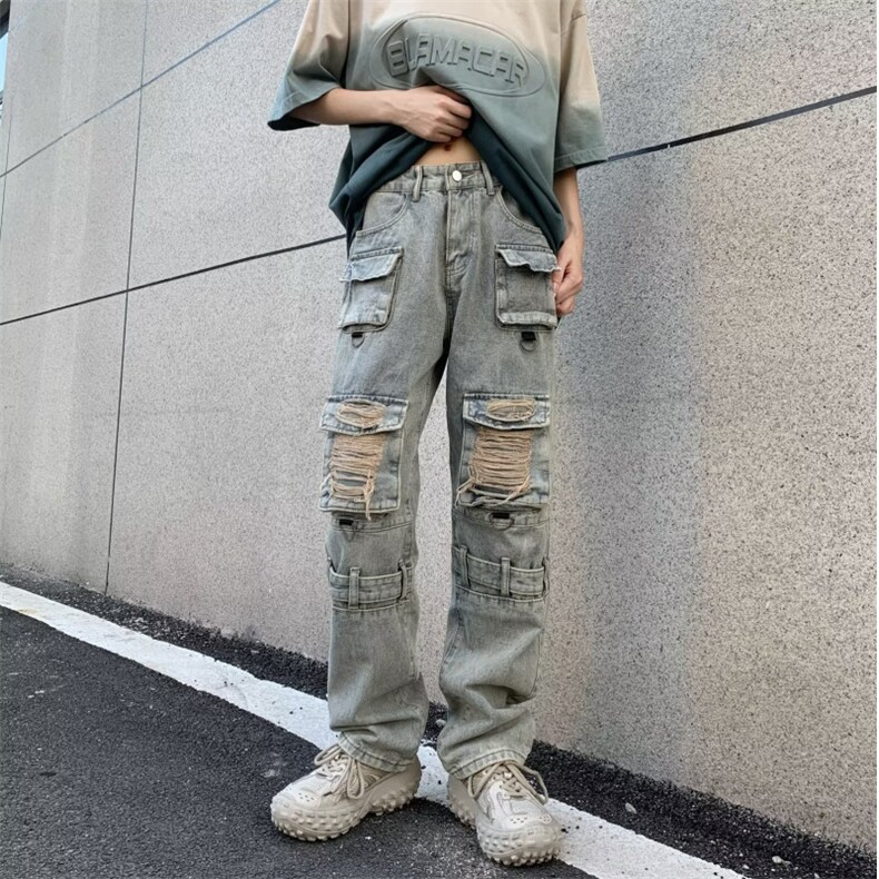 美式高质量牛仔裤男大口袋破洞高街帅2024秋冬ins长裤RK1122-P75,男装牛仔裤,星座412-2