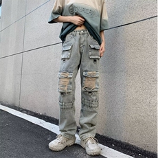 美式高质量牛仔裤男大口袋破洞高街帅2024秋冬ins长裤RK1122-P75，男装牛仔裤，星座412-2