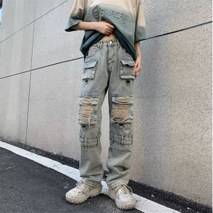 美式高质量牛仔裤男大口袋破洞高街帅2024秋冬ins长裤RK1122-P75图片