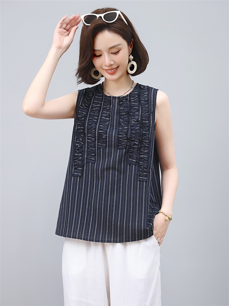 2025年夏季条纹无袖T恤休闲/淑女全棉圆领,女装T恤,小林双子