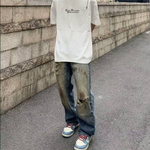 美式复古高街黄泥染破洞宽松休闲牛仔裤男做旧直筒长裤男图片