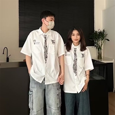 美式复古手绘领带设计白色短袖衬衫男女夏季新款宽松衬衣外套，男装T恤，星座506A