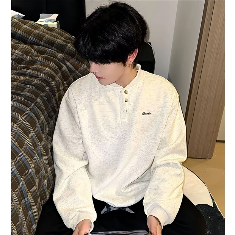 W45-P38美式复古少年感亨利领套头卫衣男女秋冬季简约基础款，男装卫衣，电商B323A