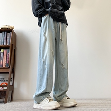 S-3XL夏季薄款冰丝裤直筒宽松破洞牛仔裤310A-2BK312p55控78，男装牛仔裤，星座310A-2