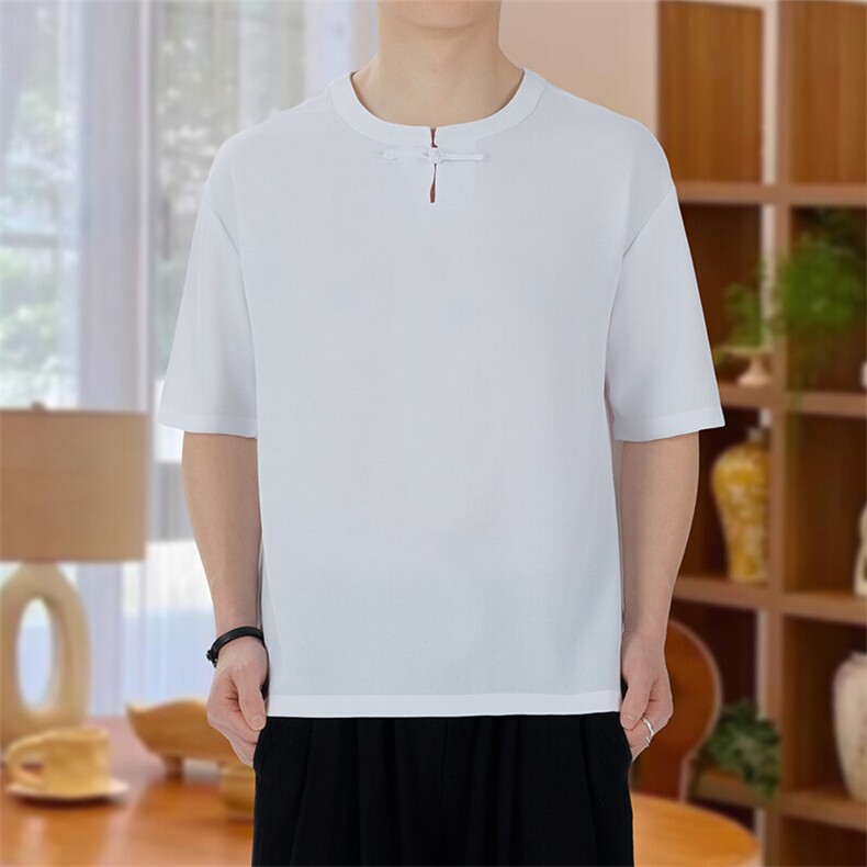夏季25简约冰丝短袖垂感纯色风盘扣圆领宽松T恤五分袖TX66P45,男装T恤,电商A021A