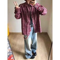 美式复古cleanfit红色格子衬衫男女港风宽松休闲翻领春秋休闲衬衣，男装衬衫，星座506A