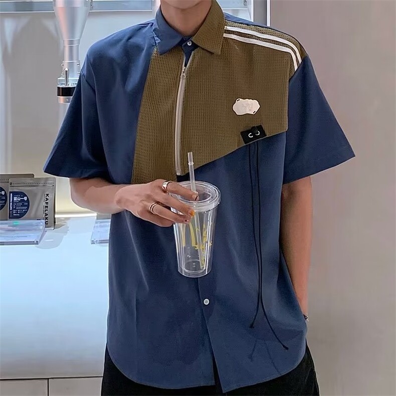 夏季新款潮流慵懒男假二件拼接衬衫P40,男装衬衫,星座1116-2