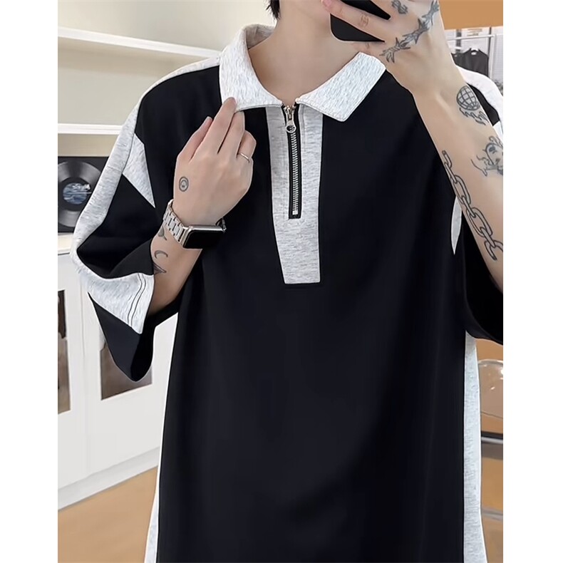 网图半拉链撞色拼接夏季潮男休闲短袖男女同款宽松T恤T2225-P38,男装T恤,星座1213