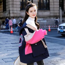 棉衣2022年兔毛加厚绒彩色拼接宽松连帽中长款派克服外套，女装棉衣/棉服，瑶迪依秀