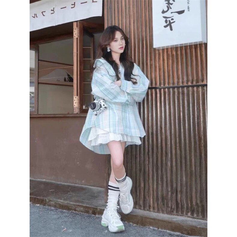 TC755-P45格子衬衫女可爱撞色格子刺绣长袖衬衫学院风polo领衬衣,男装衬衫,星座617A-2