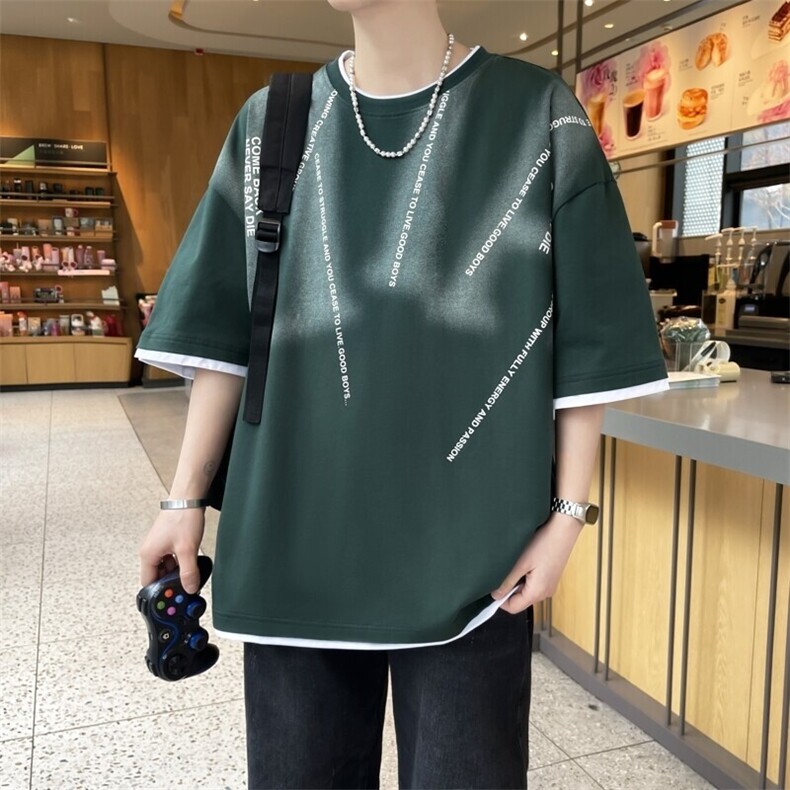 25156-特P40夏季休闲T恤男短袖打底衫青少年假两件潮牌印花T恤,男装T恤,电商D310B