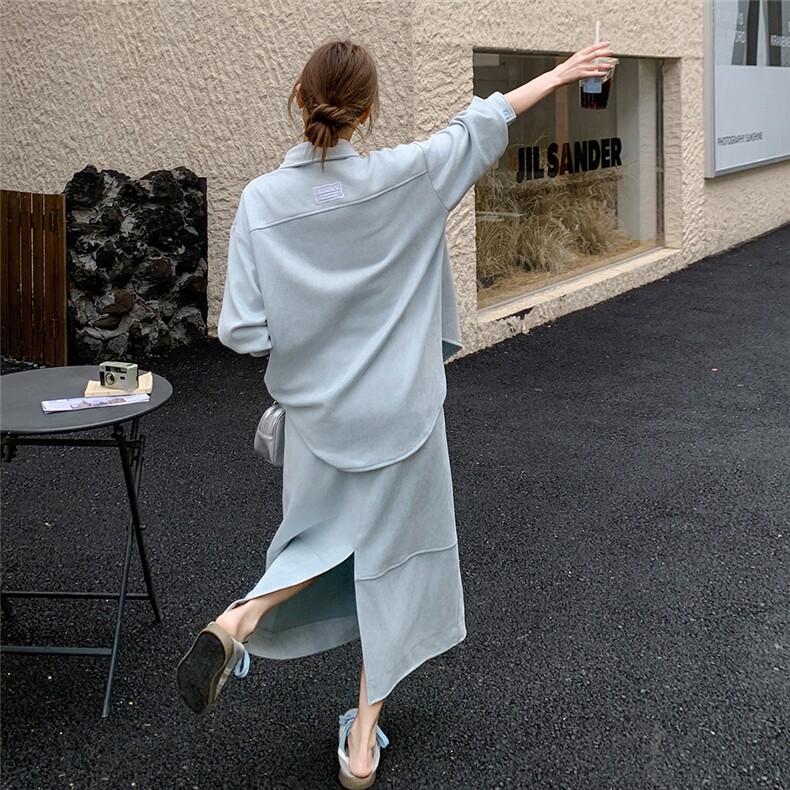 设计感不规则长袖衬衫半身裙套装女2025春季新款韩系慵懒风两件套,女装套装/套裙,2C272