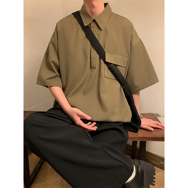T6069/P35夏季简约短袖衬衫男设计感小众工装衬衣polo衫宽松T恤男图片