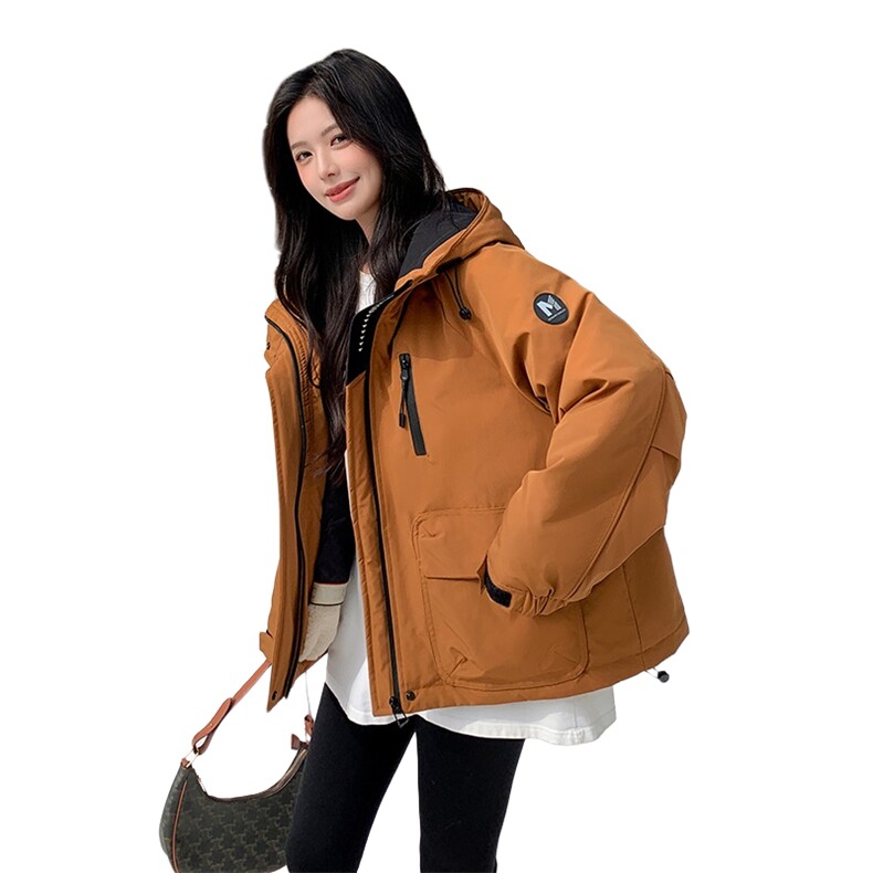 连帽橘色工装冲锋衣式派克服棉衣女冬季小个子流行加绒高级感棉服,女装派克服,2C218
