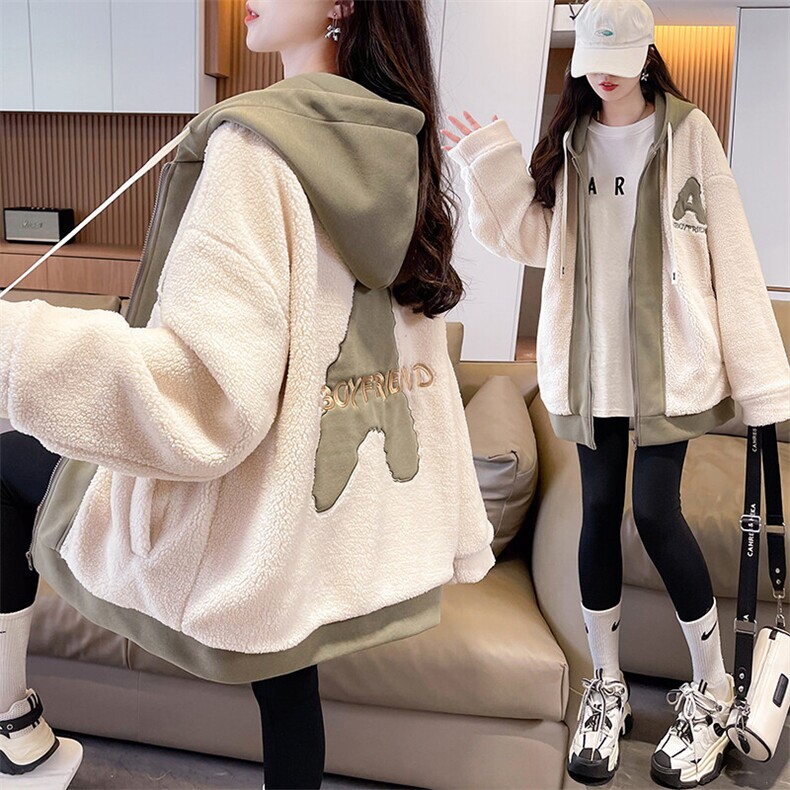 CC080-P130加厚羊羔毛外套女2025秋冬新款宽松百搭拼色假两件连帽,男装棉衣,星座911-3