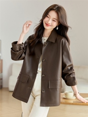 2025年秋季宽松型中长款PU皮衣，女装皮衣，希欧阁