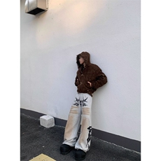 美式高街脏脏做旧图腾印花弯刀卫裤男女设计感阔腿裤潮宽松运动，男装休闲裤，四季星座505