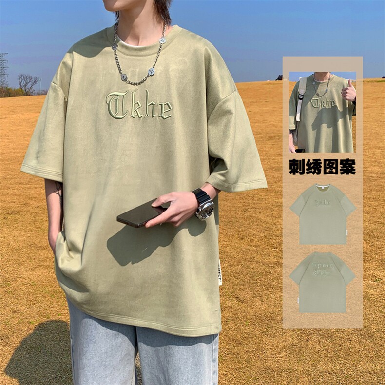 240克麂皮绒短袖T恤大码宽松重磅刺绣男T 109-T2311-P32图片