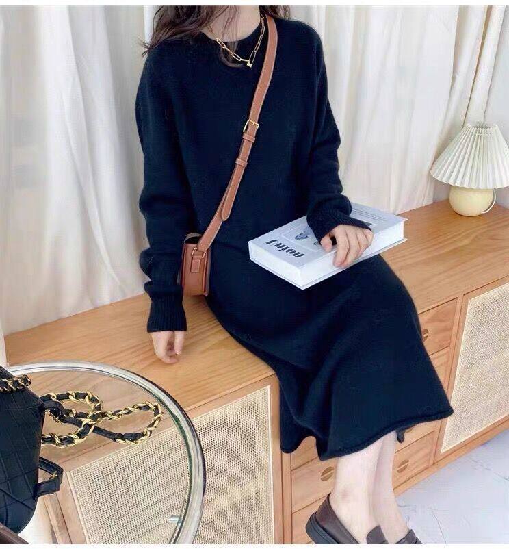 秋冬欧货山羊绒连衣裙女中长款宽松加厚针织毛衣裙过膝打底羊毛衫,女装连衣裙,恩泰羊绒