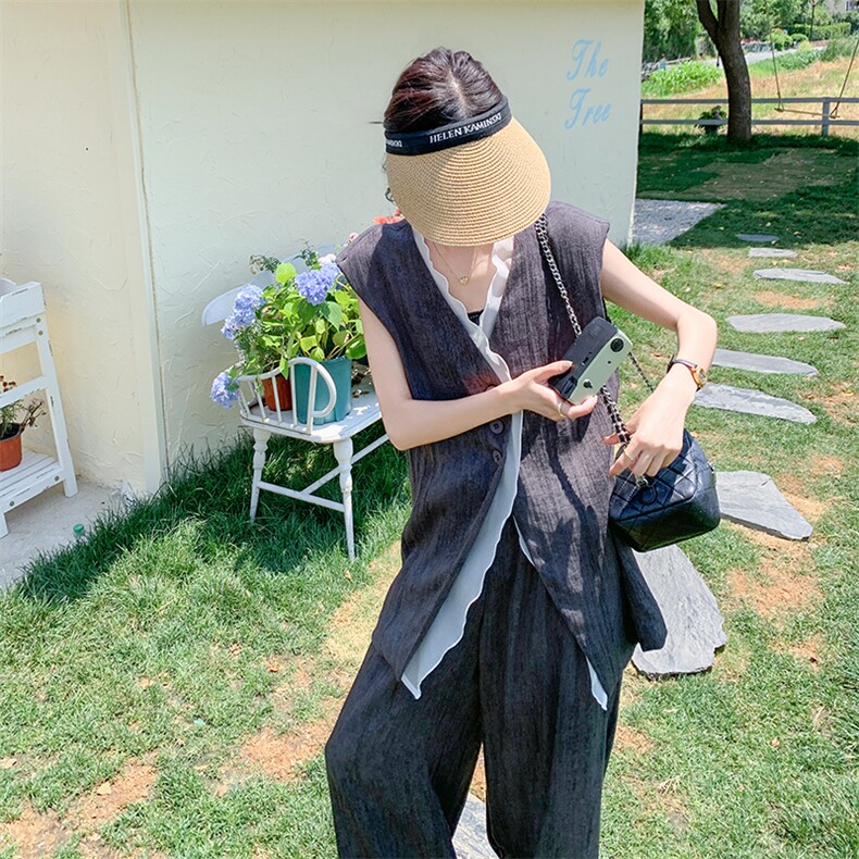 (现货）夏装新款天丝麻料荷叶边马甲阔腿裤套装F555-P165-K228,女装套装/套裙,2C255