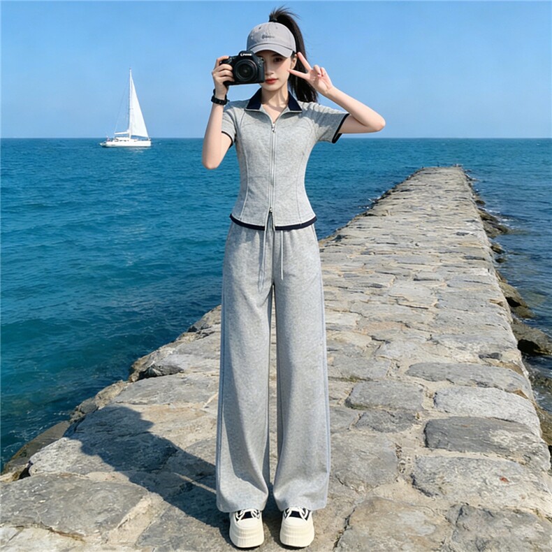 女夏新款小个子时尚休闲套装欧货纯色短袖拼接上衣高腰长裤两件套图片