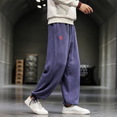 秋季宽松直筒裤棉麻云字刺绣休闲裤大码男阔腿长裤子复古/，男装休闲裤，电商B275