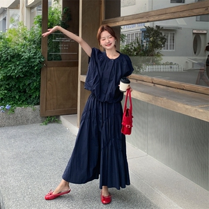 韩系简约休闲百搭圆领短袖衬衫女2025夏季新款高腰显瘦半身裙套装,冬装包臀裙穿搭图片