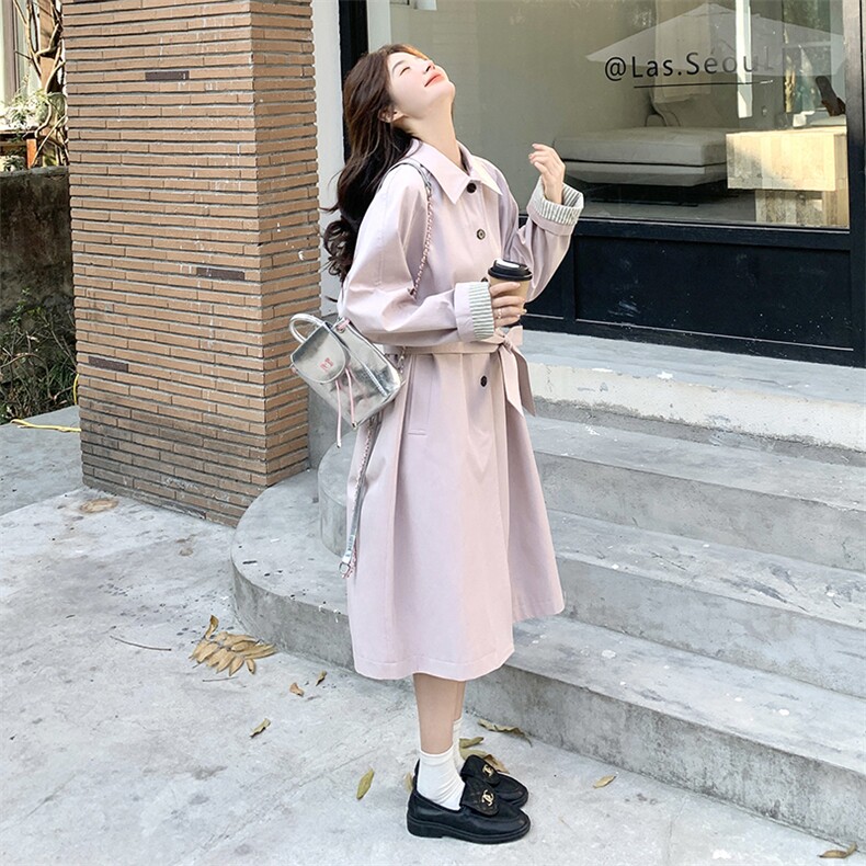 粉色甜美减龄风衣外套女2025年秋季新款韩版中长款系带收腰大衣,女装套装/套裙,2C217
