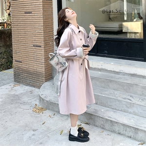 粉色甜美减龄风衣外套女2025年秋季新款韩版中长款系带收腰大衣图片